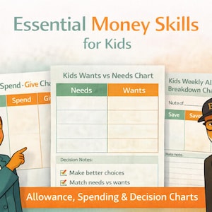 Pode incluir: Ilustração de gráficos educativos para crianças, intitulada "Essential Money Skills". Os gráficos incluem "Save, Spend, Give Chart", "Kids Wants vs Needs Chart" e "Kids Weekly Allowance Breakdown Chart". A imagem apresenta personagens de desenhos animados e o texto "Allowance, Spending & Decision Charts".