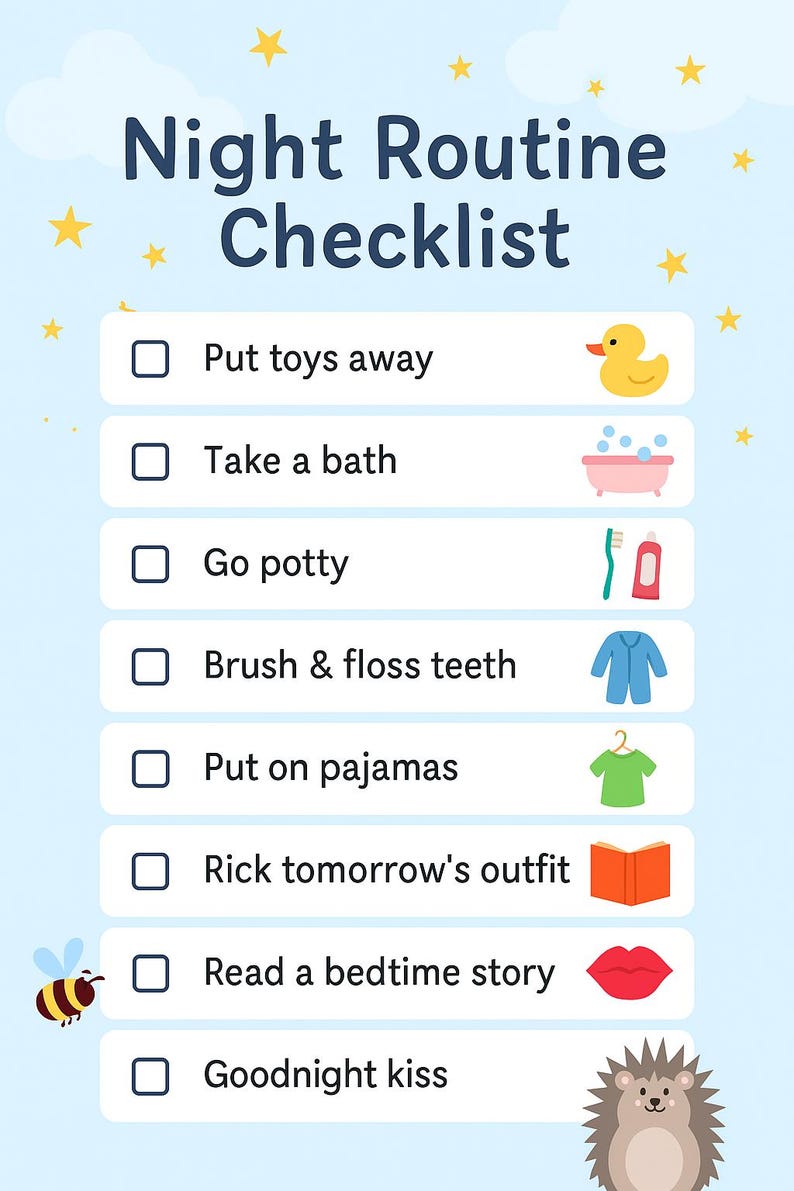 Good Night Routine List Night Routine Checklist Kids | Evening Habits Template | Daily Evening ...