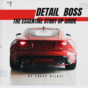 May include: A red sports car with the text "DETAIL BOSS THE ESSENTIAL START UP GUIDE" in black and white. The car's taillights are illuminated. The text "BY TRACY DILAPI" is at the bottom.