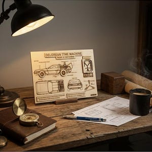 May include: A wooden plaque with a laser-etched diagram of the DeLorean Time Machine, with the text "DELOREAN TIME MACHINE, BACK TO THE FUTURE". The plaque is on a wooden desk with a black lamp, a compass, and a coffee mug.