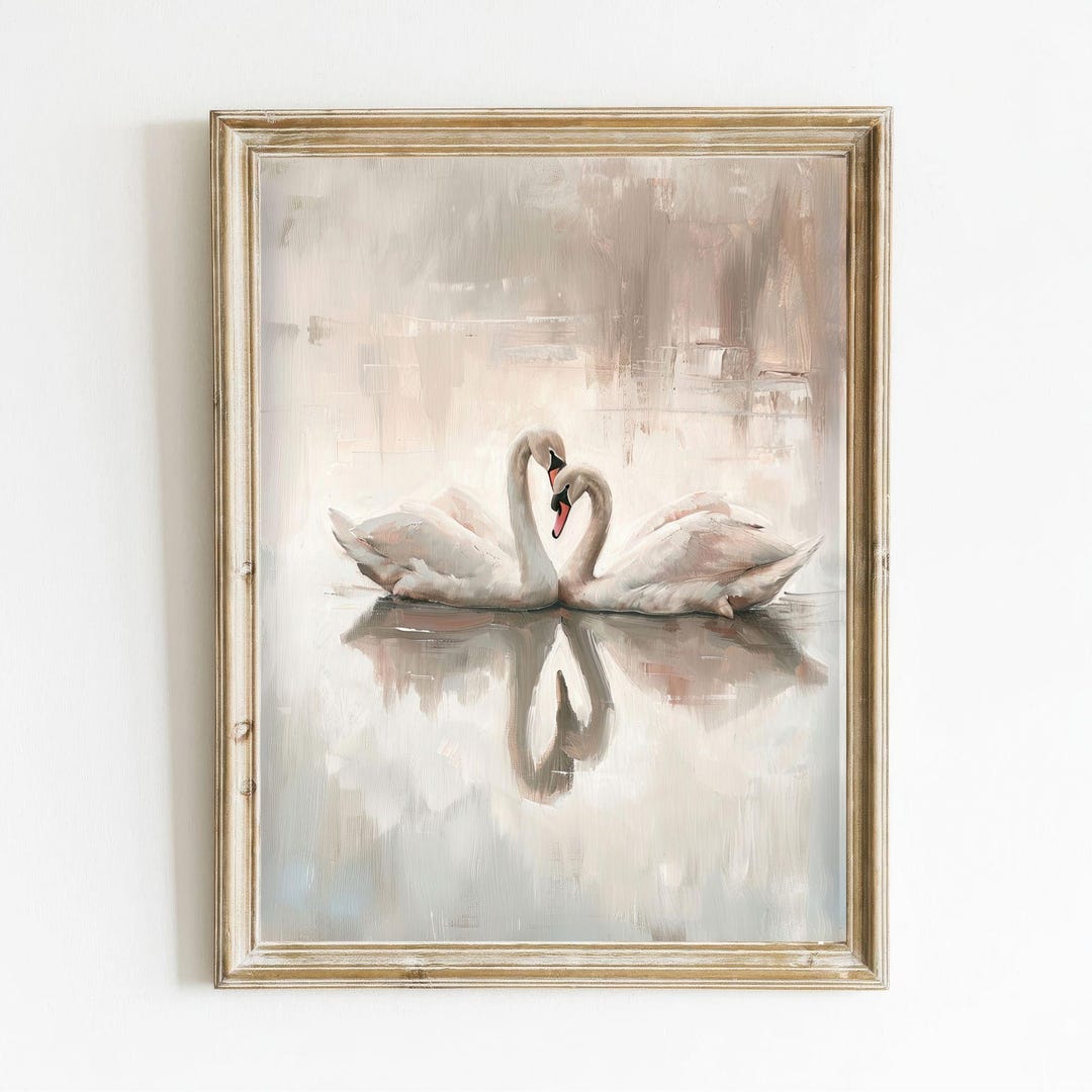 Engween Art Vintage Swan Pair Printable Wall Art, Romantic Impressionist Painting ...