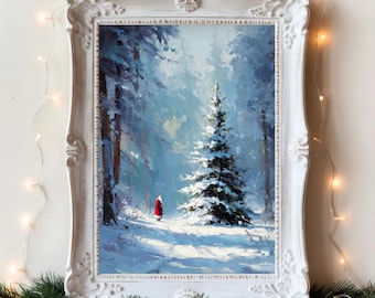Stampa vintage di Babbo Natale nella foresta invernale / Dipinto di albero di Natale innevato / Accogliente arte murale natalizia nordica da scaricare in formato digitale