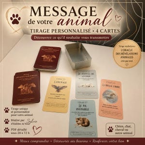 Może przedstawiać: Zestaw czterech kart wyroczni zatytułowany Message de votre animal, z ilustracjami sowy, psa, konia i kota. Karty są prezentowane z ciemnoczerwonym pudełkiem do przechowywania i metalowym pojemnikiem. Tekst na kartach zawiera L'Ancrage, Le Souffle de la Paix, La Bulle Libre oraz Le Fil Invisible.