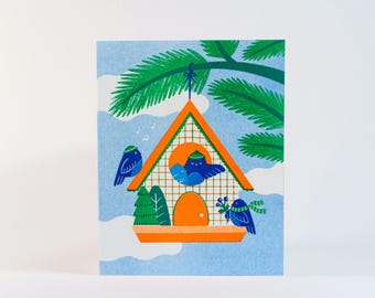 Festive Birdhouse | Risograph Greeting Card