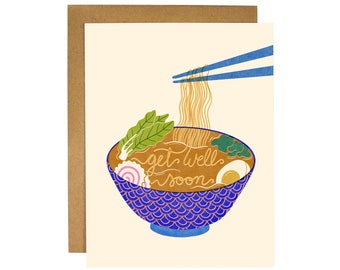 Get Well Soon Ramen Risograph Inspired Retro Greeting Card |  | Illustrated Art Card