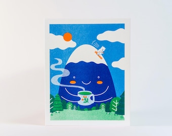 Mountain & Bear Skiier | Risograph Greeting Card