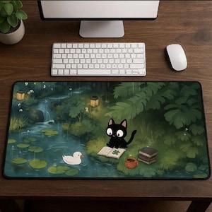 Kawaii katt skrivbordsmatta, förlängd musmatta stor, anime estetisk skrivbordsmatta, skogsandscen, söt kontorsmatta för dator, present till kattälskare