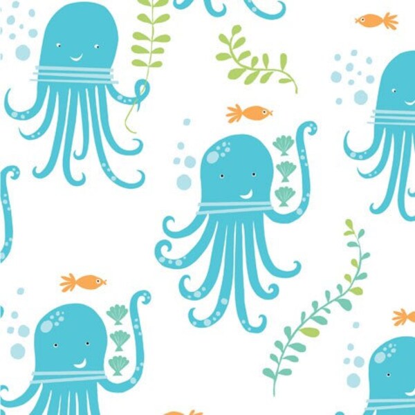 SALE - Organic Blue and White Octopus Fabric - Under the Sea from Monaluna - 1 Yard
