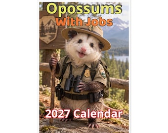 May include: A 2027 wall calendar featuring an illustration of an opossum dressed as a park ranger, wearing a tan hat, shirt, and backpack, holding a wooden walking stick, with the text Opossums With Jobs and 2027 Calendar printed on the front.
