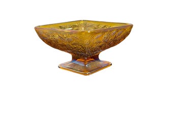 Vintage bärnstensfärgad karnevalsglas diamantformad kompottskål