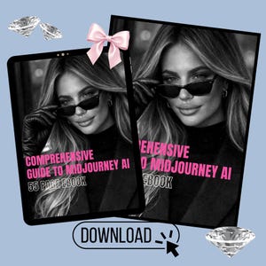 May include: Two digital tablets displaying a woman wearing sunglasses, with the text "COMPREHENSIVE GUIDE TO MIDJOURNEY AI 55 PAGE EBOOK". A pink bow and diamond graphics are also present. A "DOWNLOAD" button is visible.