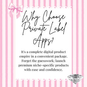 Pink and white striped listing graphic titled "Why Choose Private Label Apps?" in elegant cursive. Text describes the product as a complete digital empire in a convenient package, allowing users to launch premium niche-specific products with ease. Features a luxury pink bow and diamond aesthetic, targeted at digital creators, coaches, and Etsy sellers seeking scalable passive income.