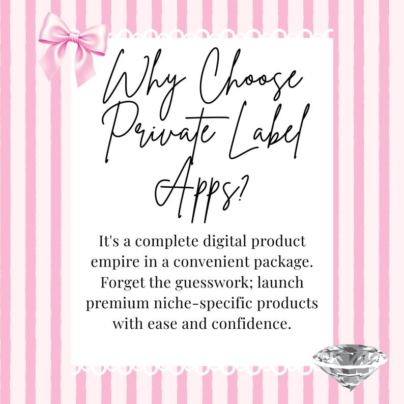 Pink and white striped listing graphic titled "Why Choose Private Label Apps?" in elegant cursive. Text describes the product as a complete digital empire in a convenient package, allowing users to launch premium niche-specific products with ease. Features a luxury pink bow and diamond aesthetic, targeted at digital creators, coaches, and Etsy sellers seeking scalable passive income.