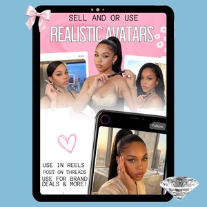 Tablet and phone mockup on a blue background featuring "Realistic AI Avatars" for social media marketing. Graphics show high-quality AI influencers for use in Instagram Reels, Threads, and brand deals. Text highlights the ability to sell or use these avatars for a faceless digital marketing business. Decorated with a pink silk bow, heart doodle, and diamond icon, ideal for MRR and PLR digital product bundles.