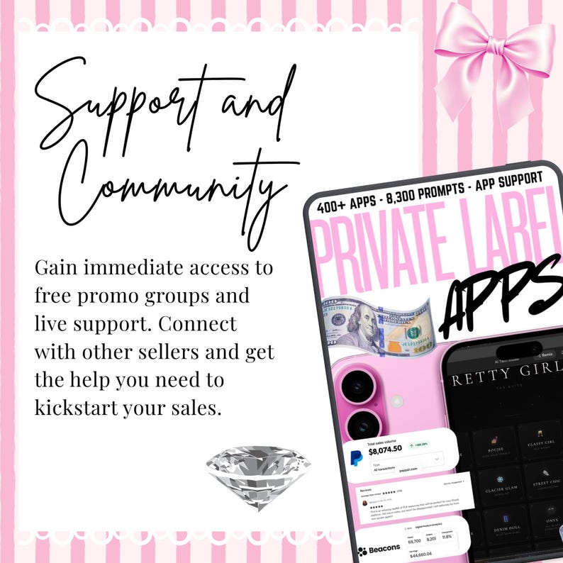 Pink striped Etsy listing slide titled "Support and Community" in black script. Tablet mockup displays Private Label Apps with 400+ AI apps and 8,300 prompts. Text details immediate access to free promo groups and live support for digital sellers. Features a pink silk bow, diamond icon, and income proof, perfect for MRR PLR digital business owners and passive income entrepreneurs.