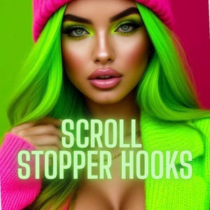 May include: A person with green hair and neon green eye makeup wearing a pink beanie and a neon green sweater. The image has the text "SCROLL STOPPER HOOKS" and "150+ VIRAL THREADS". The background is split between green and pink.
