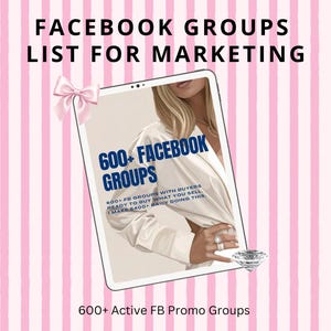 Puede incluir: Una tableta digital con el texto FACEBOOK GROUPS LIST FOR MARKETING y 600+ FACEBOOK GROUPS. La pantalla muestra la ilustración de una persona con camisa blanca, anillos, un lazo rosa y un gráfico de diamante sobre un fondo de rayas rosas.