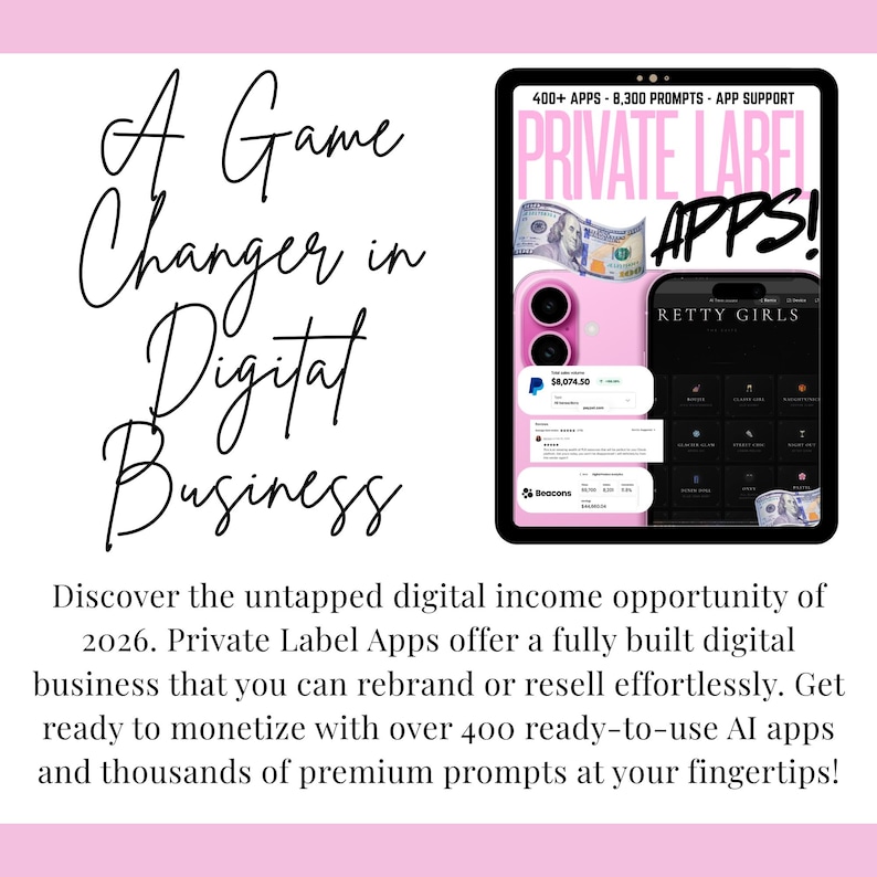 Digital marketing promo slide titled "A Game Changer in Digital Business" featuring Private Label Apps. Tablet mockup displays a DFY business bundle with 400+ AI apps and 8,300 prompts for rebranding and reselling. Includes text about 2026 digital income opportunities, passive income strategies, and master resell rights (MRR) for digital entrepreneurs. Pink and black feminine professional aesthetic.