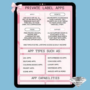 Tablet mockup on a blue background detailing Private Label Apps features. Text covers resell rights, 70% commission, AI prompts, and live support. Categories include UGC apps, selfcare, coloring books, coaching, and luxury niches. Aesthetic includes a pink silk bow and diamond icon. Ideal for entrepreneurs looking for low-cost MRR digital products, PLR business opportunities, and DFY passive income tools.