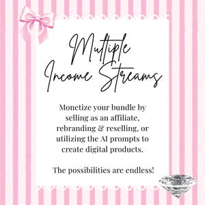 Pink and white striped Etsy listing graphic titled "Multiple Income Streams" in elegant black script. Text explains how to monetize the bundle via affiliate marketing, rebranding and reselling with PLR MRR rights, and using AI prompts for digital product creation. Features a luxury aesthetic with a pink satin bow and large diamond icon, perfect for passive income seekers and digital marketing entrepreneurs.