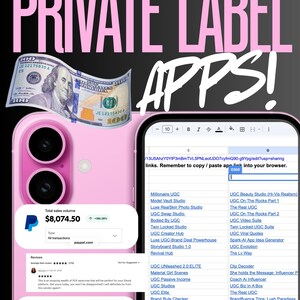 Close-up mockup of Private Label Apps digital product listing. Image features a pink smartphone and a tablet screen showing a master list of UGC and AI business links. Includes social proof with a $8,074.50 PayPal sales volume, a 5-star customer review, and Beacons analytics showing $44,660.04 in earnings. Accented with $100 bills for a "money-making" aesthetic, perfect for DFY digital marketing, MRR bundles, and passive income side hustles.