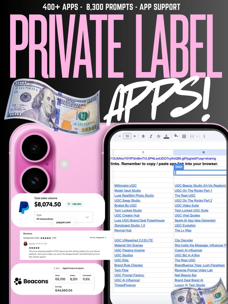 Close-up mockup of Private Label Apps digital product listing. Image features a pink smartphone and a tablet screen showing a master list of UGC and AI business links. Includes social proof with a $8,074.50 PayPal sales volume, a 5-star customer review, and Beacons analytics showing $44,660.04 in earnings. Accented with $100 bills for a "money-making" aesthetic, perfect for DFY digital marketing, MRR bundles, and passive income side hustles.