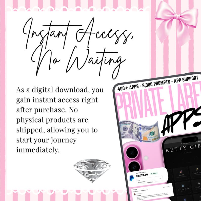 Pink striped Etsy listing slide titled "Instant Access, No Waiting." Mockup shows a tablet and phone featuring the Private Label Apps bundle with 400+ AI apps and 8,300 prompts. Text explains this is a digital download with immediate delivery and no physical shipping. Decorated with a pink bow and diamond icon, ideal for MRR PLR digital product buyers and passive income side hustles.