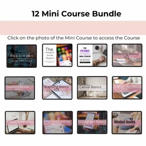 May include: A promotional image for a 12 Mini Course Bundle. The image shows a grid of twelve small rectangular images, each with a title like "Digital Marketing Back to Basics" and "Instagram Basics". The text "12 Mini Course Bundle" is at the top.