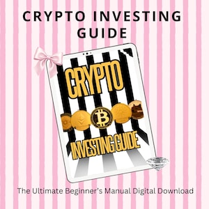 May include: A digital tablet display featuring the text CRYPTO INVESTING GUIDE in bold yellow letters over a black and white vertical striped background. Five gold cryptocurrency coins are aligned horizontally across the center. A pink bow is attached to the top left corner and a small diamond graphic is at the bottom right.