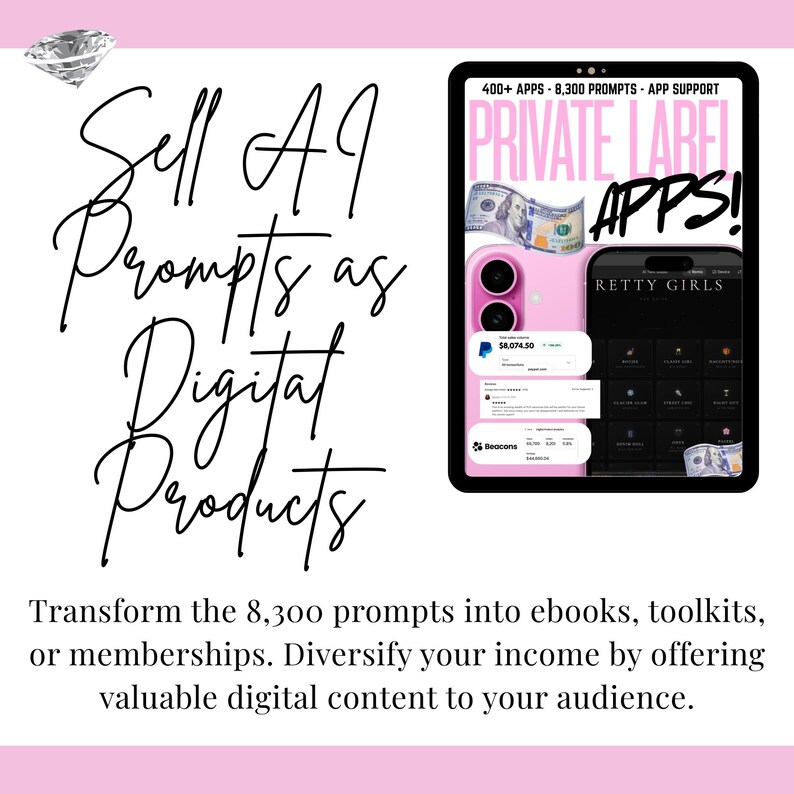 Etsy listing slide titled "Sell AI Prompts as Digital Products" in black script. Tablet mockup displays the Private Label Apps bundle with 8,300 prompts and income proof. Text explains how to transform prompts into ebooks, toolkits, or memberships to diversify income. Features a diamond icon and pink aesthetic, ideal for entrepreneurs looking for MRR, PLR, and DFY digital products to resell for passive income.