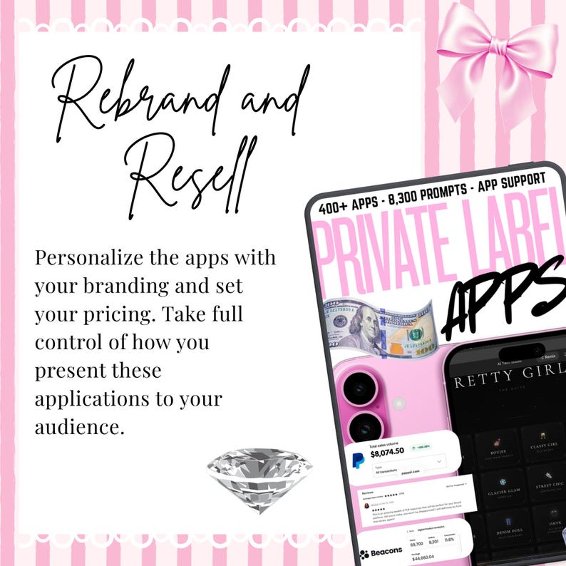 Pink striped Etsy listing slide titled "Rebrand and Resell" in black script. Text explains how to personalize apps with custom branding and set your own pricing. Features a tablet mockup of Private Label Apps with 8,300 prompts, PayPal earnings proof, and a diamond icon. Perfect for entrepreneurs looking for MRR (Master Resell Rights), PLR digital products, and DFY (Done-For-You) business-in-a-box opportunities.