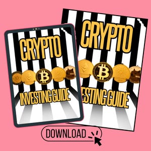 May include: A pink tablet and a black and white striped document display the words "CRYPTO INVESTING GUIDE" in gold. Gold coins with crypto symbols are featured. A "DOWNLOAD" button is at the bottom.