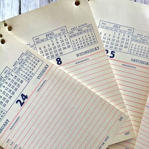 May include: Three off-white paper calendar pages from 1953 with black text and red horizontal lines. Each page features a daily schedule with hourly slots, a monthly calendar overview, and specific dates including Tuesday, February 24, 1953.