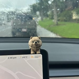 May include: A small, tan-colored dog figurine perched on the edge of a car dashboard. The figurine has a fluffy appearance and is facing forward. The car's display shows the time as 2:46 pm and the temperature as 60°F.