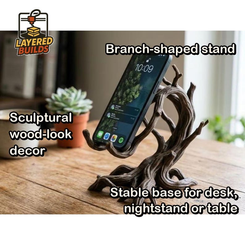 May include: A dark brown, branch-shaped phone stand with a textured, wood-like finish. The sculptural stand features a stable, wide base and curved prongs designed to hold a smartphone upright. The logo for Layered Builds is visible.