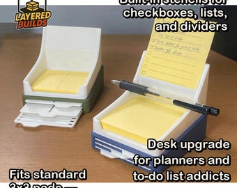 Sticky Note Holder with Stencils (3×3) | Desk & Office Organization | Layered Builds 3D Print Gift