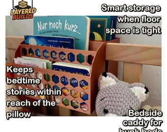Puede incluir: Un organizador de mesita de noche color cobre con un patrón de panal en el frente, diseñado para colgarse en el marco de una cama. Contiene varios libros infantiles y muestra el texto: Smart storage when floor space is tight, Keeps bedtime stories within reach of the pillow, Bedside caddy for bunk beds and loft beds, y Layered Builds.