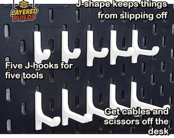 5x Universal J-Hooks for IKEA Skadis Pegboard | Choose your color and size!