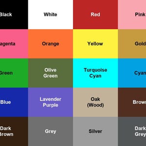 May include: A color chart grid featuring twenty distinct rectangular swatches labeled with their respective names: Black, White, Red, Pink, Magenta, Orange, Yellow, Gold, Green, Olive Green, Turquoise Cyan, Cyan, Blue, Lavender Purple, Oak, Brown, Dark Brown, Grey, Silver, and Dark Grey.