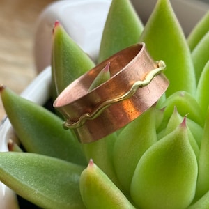 May include: A copper ring with a wavy gold band detail. The ring is set against a backdrop of green succulent leaves. The ring's copper band has a warm, reddish-brown hue, and the gold band adds a contrasting touch.