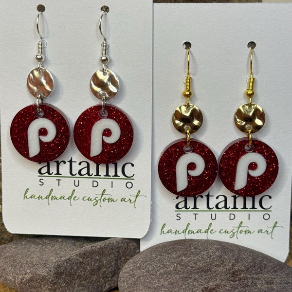 Philadelphia Phillies Retro Logo Dangle Drop Earrings in Silver or Gold