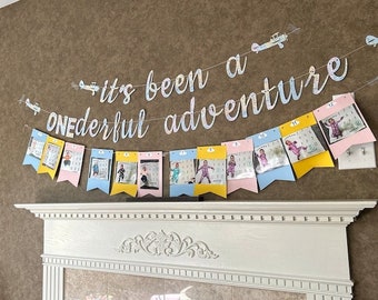 It's Been a ONEderful Adventure, First Birthday Banner, With OPTIONAL 12 Month Photo Garland, Pastel Map Paper or other, String It Yourself