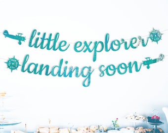 Little Explorer Landing Soon, Photo Booth, Oceans, Photo Backdrop for Baby Shower, Travel Theme Shower, Turquoise Blue, String It Yourself