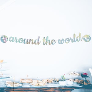 May include: A blue and green map-themed banner with the text "around the world" and a globe on each end.