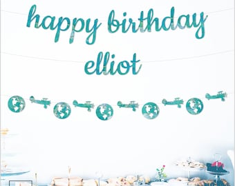 Happy Birthday Banner, Mostly Turquoise Map of the Oceans Paper, Optional Plane and Globe Shape Garland, Cursive, Travel Theme,