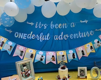 It's Been a ONEderful Adventure, with optional 12 Month Garland for Photos, First Birthday Banner, String It Yourself, One, Map Pattern