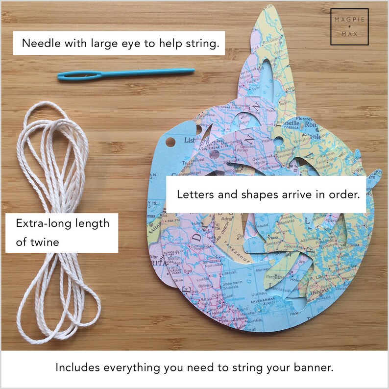 May include: A set of colourful paper shapes with a map design, a needle with a large eye, and a long length of twine. The shapes are labelled with letters and arrive in order. The text "Letters and shapes arrive in order." is included in the image.
