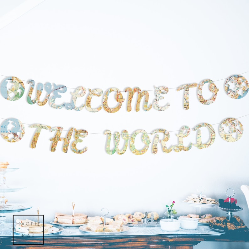 Welcome To The World Baby Shower Banner, Orange, Yellow and Blue Map Banner, Vintage Travel Theme, String It Yourself image 1