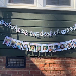 May include: A banner with the text "What a one-derful world" with globe icons and a string of 12 photos of a baby in a high chair, each photo with a number from 1 to 12.