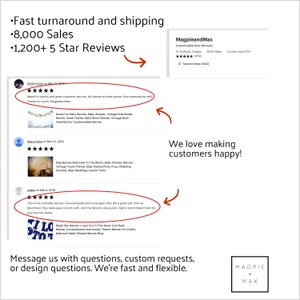 May include: A screenshot of an Etsy shop's website showcasing customer reviews for customisable party banners. The reviews are positive and highlight the shop's fast turnaround time and high-quality products. The shop's name is MagpieandMax and they have over 8,000 sales and 1,200 five-star reviews.